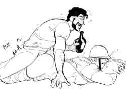 abs arms_above_head arms_restrained bara bara_tits barazoku big_pecs biting_pillow black_and_white blush demoman doggy_style drunk flaccid_while_penetrated from_behind gay gay_sex heart human_only humping jb_the_sinner male/male male_only midriff motion_lines pants_down pecs plap plap_(sound) prone_bone shirt_lift sketch soldier_(team_fortress_2) team_fortress_2 thrusting thrusting_into_ass yaoi