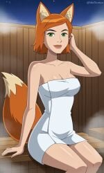 ai_generated ben_10 ben_10_ultimate_alien bigmic145 breasts cleavage female female_focus female_only fox_ears fox_girl fox_tail ginger ginger_hair gwen_tennyson gwen_tennyson_(alien_force) gwen_tennyson_(ultimate_alien) medium_breasts naked_towel orange_hair sauna short_hair towel