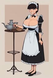 1girls ai_generated big_breasts bowl breasts breasts cleavage detached_collar detentionaire female female female_focus female_only frills huge_breasts kitchen kitchen_background large_breasts maid maid_apron maid_cap maid_dress maid_hat maid_headdress maid_outfit maid_uniform short_hair smile solo solo_female solo_focus table teapot tina_kwee