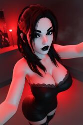 1girls 3d 3d_(artwork) ai_generated bare_shoulders big_ass big_breasts black_dress black_hair black_lips, black_lipstick busty cleavage collarbone female goth goth_girl long_hair pale-skinned_female pale_skin radnsad red_lighting solo solo_female solo_focus thick_thighs thighhigh_boots thighhighs thighs white_skin wide_hips