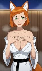 ai_generated ben_10 ben_10_ultimate_alien bigmic145 breasts cleavage female female_focus female_only fox_ears fox_girl fox_tail ginger ginger_hair gwen_tennyson gwen_tennyson_(alien_force) gwen_tennyson_(ultimate_alien) medium_breasts orange_hair sauna short_hair yukata