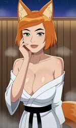 ai_generated ben_10 ben_10_ultimate_alien bigmic145 breasts cleavage female female_focus female_only fox_ears fox_girl fox_tail ginger ginger_hair gwen_tennyson gwen_tennyson_(alien_force) gwen_tennyson_(ultimate_alien) medium_breasts orange_hair sauna short_hair yukata