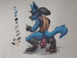 absurd_res anthro bodily_fluids digital_media_(artwork) dildo generation_4_pokemon gouache_(artwork) hi_res lucario male mixed_media nintendo painting_(artwork) pawpads pokemon pokemon_(species) sex_toy solo traditional_media_(artwork) traditional_painting_(artwork) zaino