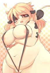 animal_ear blonde_hair blush breasts cow_ear cow_tail female furry horns large_breasts long_hair mcdonnell-douglas nipples plump red_eyes smile solo swimsuit tail