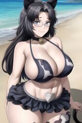 1girls ai_generated beelceteam big_breasts black_hair blue_eyes cat_ears cat_tail catgirl cow_print cow_print_bikini darkrai_minita darkraimola darkraiteam female female_focus female_only huge_breasts large_breasts long_hair looking_at_viewer mature_female milf smile twitch