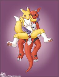 anthro balls blue_eyes blush breasts canine claws digimon facial_markings female fox fur furry guilmon male markings nipples nude penetration penis pussy rapps renamon sex straight vaginal_penetration