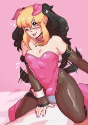 2boys armwear artist_self-insert black_hair black_legwear blonde_hair blush bulge bulge_frottage collar crossdressing dog_ears eyelashes eyepatch femboy girly leotard loggus_doggus long_hair male male/male male_only pantyhose pink_background pink_eyes pink_lipstick sitting_on_person tail tail_wagging thick_thighs two_tone_hair very_high_resolution wristband x-shaped_pupils