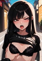 2boys ai_generated black_hair bra brown_eyes ear_piercing faceless_male femboy flat_chest goth gothic hand_on_breast ilfb looking_at_viewer more_at_source open_mouth otoko_no_ko pov pov_eye_contact saliva saliva_trail sfw tongue tongue_out trap