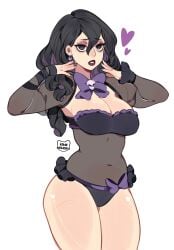 1girls artist_name breasts cleavage ear_piercing earrings female female_only hair_between_eyes heart hex_maniac hex_maniac_(z-a) kamii_momoru large_breasts light-skinned_female light_skin lingerie lipstick looking_at_viewer navel nightwear npc_trainer pokemon pokemon_legends:_z-a purple_eyes purple_hair see-through_clothing solo thick_thighs watermark white_background