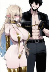 1boy 1boy1girl 1girl1boy 1girls abs ai_assisted arms_behind_back blonde_hair blue_eyes blush bondage breasts collar elbow_gloves female fleurdelys_(wuthering_waves) gloves gold_bikini golden_bikini grin huge_breasts leash leash_and_collar leash_pull leashed_collar male male_rover_(wuthering_waves) motion_lines pants rover_(wuthering_waves) slave sling_bikini sling_swimsuit slingshot_swimsuit smile submissive submissive_female tall teeth thick thick_legs thick_thighs thigh_highs thighhighs thighs trembling truck-kun_art truck_kun worried worried_expression wuthering_waves