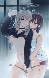 2girls absurdres black_choker black_sweater blue_eyes blush breasts brown_hair camisole choker clenched_teeth closed_eyes clothes_lift dolphin_shorts fingering girls_band_cry grey_hair grey_panties groping habsida_(habsida_hpy) hand_in_another's_panties highres iseri_nina kawaragi_momoka long_hair low_twintails medium_breasts multicolored_hair multiple_girls navel nipples open_mouth panties protected_link red_shorts roots_(hair) short_hair short_twintails shorts sweat sweater sweater_lift teeth trembling twintails underwear white_camisole yuri