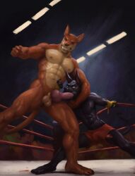 abs animal_genitalia animal_penis anthro anubian_jackal areola balls biceps blood bodily_fluids bottomwear bulge canid canine canine_genitalia canine_penis canis cheek_bulge chokehold clenched_teeth closed_eyes clothed clothing crowd cum digital_media_(artwork) domestic_dog erection feet fellatio fight fighting_ring fur genital_fluids genitals group headlock hi_res holding_object jackal knot male male/male male_penetrated male_penetrating mammal muscular muscular_anthro muscular_male nipples nude open_mouth oral oral_penetration orcfun pecs penetration penile penis penis_poking_out sex shorts shorts_only spread_legs spreading standing tail teeth toes topless topless_anthro topless_male wounded wrestling
