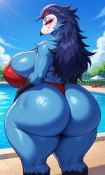 1furry ai_generated alternate_version_available anthro big_breasts bikini ecchi furry helluva_boss large_breasts lobreasts long_hair looking_at_viewer looking_back poolside red_eyes roger1011 rule_63 thick_thighs thighs