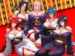 ai_generated akeno_himejima big_breasts black_hair blue_hair blush breasts huge_breasts imminent_sex kimono kuroka_(high_school_dxd) nervous red_hair rias_gremory rossweisse take_your_pick white_hair xenovia_quarta