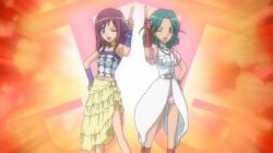 2girls bakugan bakugan_battle_brawlers blue_eyes clothed gloves green_hair idol jenny_(bakugan) jewls_(bakugan) jj_dolls kanihara_yumiko kashikiri_nae legs light_skin long_hair magenta_hair medium_breasts medium_hair official_art orange_eyes posing sega shorts skirt smile socks teenager thighs turquoise_hair