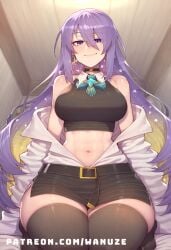 ai_generated big_ass big_breasts big_butt big_thighs blush choker crop_top huge_ass huge_breasts huge_butt huge_thighs jacket kneeling moona purple_eyes purple_hair wanuze wide_hips