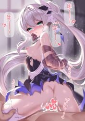 aqua_eyes arms_behind_back blue_dress blush bound breasts breasts_out censored cum cum_in_pussy cum_overflow dress ehart female hair_ornament heart heart_censor honkai_(series) honkai_impact_3rd leggings long_hair medium_breasts open_mouth reverse_cowgirl_position ribbon ribbon_bondage saliva sex sound_effects speech_bubble straddling tearing_up tears theresa_apocalypse theresa_apocalypse_(twilight_paladin) thigh_grab torn_clothes trembling vaginal_penetration white_hair white_leggings window