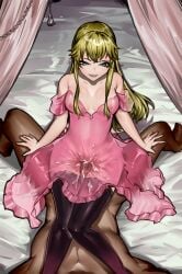 1boy 1girls areolae artstyle_imitation assertive_female belly belly_button blonde_hair blue_eyes breasts chest clothed cum cum_on_thighs danganronpa_artstyle dick dominant_female female femdom hands knees kyokou_suiri leg_focus legs light_skin long_hair medium_breasts night_gown nipples no_pubic_hair ojou-sama on_top on_top_of_another otonashi_rion penis rogunsou semen shoulders smile socks sperm stockings thick_thighs thigh_focus thigh_sex thighjob thighs wide_hips yellow_hair