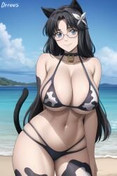 1girls ai_generated beelceteam big_breasts black_hair blue_eyes cat_ears cat_tail catgirl cow_print cow_print_bikini darkrai_minita darkraimola darkraiteam female female_focus female_only huge_breasts large_breasts long_hair looking_at_viewer mature_female milf smile twitch