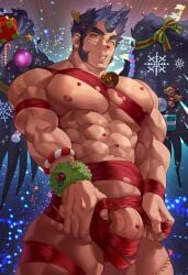 1boy absurdres bandaid bara christmas feathered_wings fiery_horns girthy_penis highres horns huge_cock huge_eyebrows large_hands long_sideburns looking_at_viewer male_focus male_only muscular muscular_male naked_ribbon p3ta_(yio) pectoral_lift penis precum ribbon sanat_kumara_(housamo) short_hair sideburns single_horn solo thick_thighs thigh_press thighs tokyo_afterschool_summoners