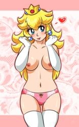 blonde_hair blue_eyes blush breasts crown earrings elbow_gloves female_focus female_only gloves highres mario_(series) navel nintendo nipples panties pineapplelicious princess_peach