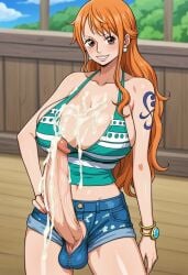 ai_generated cum cum_on_body cum_on_breasts cum_on_self futa_only futanari happy happy_female huge_balls huge_breasts huge_cock nami nami_(one_piece) one_piece orange_hair smile