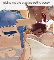 anilingus anus ass ass_grab asshole big_ass big_butt blue_hair blush bottomless bottomless_male closed_eyes dark-skinned_male dezrael_(m00nsp1re) eating_ass facial_hair gay hairy hairy_anus hairy_ass hairy_male horn looking_pleasured m00nsp1re male male_focus male_only meme muscular muscular_male partially_clothed rimjob rimming rimming_male saliva saliva_trail shirt sweat sweating tongue tongue_out yaoi