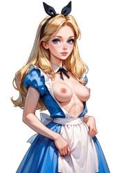 1girls ai_assisted ai_generated alice_in_wonderland apron blonde_hair blue_dress breasts disney topless