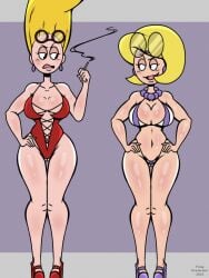 2girls alternate_version_available big_breasts bikini cigarette female female_focus female_only glasses hands_on_hips high_heels light-skinned_female light_skin mature mature_female milf mother pickles_oblong pristine_klimer swimsuit the_oblongs wide_hips yungcreateart