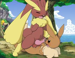 anal anal_sex anus ass balls brown_fur closed_eyes clouds color cum cum_inside cumshot day digitigrade eevee erection fur gay hindpaw lopunny lying male nintendo no_humans nude on_back open_mouth orgasm outdoors paws penetration penis pokemon pokemon_(species) red_eyes sex size_difference snivy spread_legs spreading tapering_penis tricksta video_games