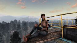 1girls 3d barefoot fallout fallout_4 gun short_hair short_hair_female stanoth topless topless_female weapon