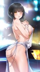 ;o after_sex alternate_costume ass backless_dress backless_outfit black_car black_hair blurry blurry_background blush bob_cut bracelet breasts car cosplay cum cumdrip dress evening_gown female hands_on_own_chest highres idolmaster idolmaster_cinderella_girls interlocked_fingers jewelry large_breasts looking_at_viewer looking_to_the_side mk_(mod0) motor_vehicle nipples no_panties one_eye_closed open_mouth own_hands_together revealing_clothes short_hair sideboob solo st._louis_(azur_lane) st._louis_(azur_lane)_(cosplay) st._louis_(luxurious_wheels)_(azur_lane) takafuji_kako yellow_eyes