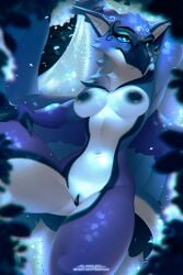 anthro avian beak blue_theme breasts digital_media_(artwork) feathered_wings feathers female fur genitals gryphon kiliankuro looking_at_viewer lying mythological_avian mythological_creature mythology nipples nude on_back pussy solo wings