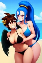 2girls ai_generated amazon_pandora angel angel_wings beach bikini black_hair black_wings blue_hair dark_pit genderswap genderswap_(mtf) kid_icarus kid_icarus_uprising nintendo pandora_(kid_icarus) ponytail red_eyes rule_63 yuri