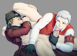 69 akihiko_sanada armband bandage boner bottomless coat erection fellatio foreskin gay gloves gray_hair hair holding_penis looking_at_viewer looking_to_the_side male male_only megami_tensei multiple_boys muscular muscular_male oral penis persona_3 retracted_foreskin schizoid shinjiro_aragaki toned toned_male uncensored uncircumcised yaoi