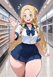 ai_generated akumai big_ass blonde_hair bottom_heavy braided_hair cute delicious_in_dungeon dungeon_meshi elf happy huge_ass huge_thighs innocent marcille_donato ponytail school_uniform skirt smile thick_thighs thighs wave wide_hips