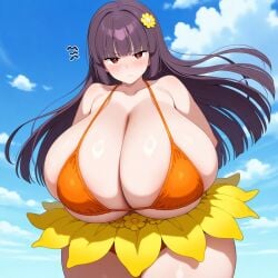 ai_generated beach bikini gigantic_breasts long_hair please_don't_bully_me,_nagatoro purple_hair red_eyes sana_sunomiya schoolgirl teamrocktgrl thick_thighs tsundere wide_hips