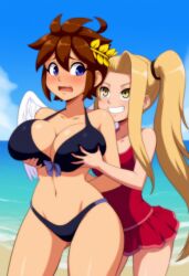 2girls ai_generated angel angel_wings beach bikini blonde_hair blue_eyes genderswap_(mtf) kid_icarus kid_icarus_uprising nintendo pit_(kid_icarus) rule_63 viridi yellow_eyes yuri