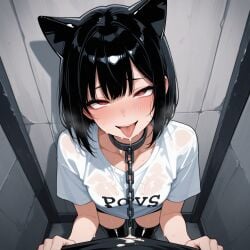 against_wall ahe_gao ahe_gao ai_generated aroused black_hair blush chains collar cum latex_thighhighs oc short_hair wet white_shirt