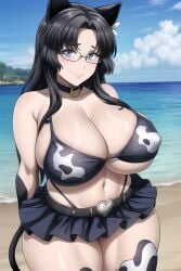 1girls ai_generated beelceteam big_breasts black_hair blue_eyes cat_ears cat_tail catgirl cow_print cow_print_bikini darkrai_minita darkraimola darkraiteam female female_focus female_only huge_breasts large_breasts long_hair looking_at_viewer mature_female milf smile twitch