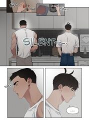 2boys colored couple doujinshi english english_text gay height_difference indoors inside juiart kitchen male male_only muscular muscular_male