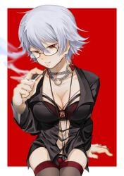 alternate_costume bra canon_genderswap chain_necklace cigarette cleavage collar dress_shirt female female_only genderswap_(mtf) ginko_sakata gintama gintoki_sakata glasses lingerie looking_at_viewer medium_breasts necklace nylons pale-skinned_female pale_skin red_background red_eyes rule_63 short_hair smile smoking solo strawberry thick_thighs thighhighs thighs white_hair whitecatemily zettai_ryouiki