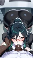 1boy 1boy1girl 1girls ai_generated asian_female astrawaifu big_ass big_butt big_penis black_hair blowjob cloud_retainer_(genshin_impact) dark-skinned_male deepthroat genshin_impact green_eyes holding_head huge_cock interracial large_ass light-skinned_female looking_at_viewer office_clothing office_lady pale-skinned_female xianyun_(genshin_impact)