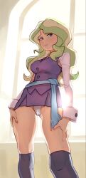 1girls blue_eyes clothed diana_cavendish female female_only from_below fully_clothed green_hair little_witch_academia looking_at_viewer panties rirurirue skirt thighs upskirt