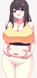 1girls :d animated belly_grab black_eyes black_hair breasts cleavage commentary cowboy_shot female grey_background highres huge_breasts long_hair looking_at_viewer looping_animation navel open_mouth original pants piaomao pixel_art plump shorter_than_10_seconds simple_background smile solo tagme tank_top vertical_video video white_pants yellow_tank_top