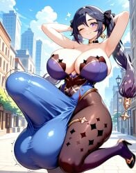 1futa ai_generated bangs bare_arms black_choker black_heels black_pantyhose blue_eyes blue_hair blush choker cleavage closed_mouth dark_blue_hair earrings female futa_only futanari genshin_impact gigantic_balls hair_between_eyes hair_ornament hair_ribbon hands_behind_head heels high_heels huge_balls huge_breasts huge_bulge huge_cock hyper impossible_clothes impossible_fit large_penis looking_at_viewer mona_(genshin_impact) mondstadt_girls pantyhose sidelocks smile smiling solo star_earrings thick_thighs twintails unkftlvr wink