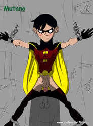 bondage dc dc_comics dick_grayson earth_16 human male male_only malesub mutano_comix pants_down penis robin_(dc) robin_(dick_grayson) robin_(young_justice) solo yaoi young_justice