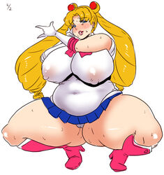 bishoujo_senshi_sailor_moon blonde_hair blue_eyes breasts clothing curvy erect_nipples erect_nipples_under_clothes female huge_breasts large_breasts muchigaku obese sailor_moon skirt sweat thick_thighs usagi_tsukino yokkora