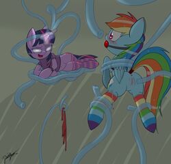 2012 anus blush cutie_mark dashboom equine female friendship_is_magic hair hooves horn horse long_hair magic multicolored_hair my_little_pony pegasus purple_eyes pussy rainbow_dash_(mlp) socks straight_hair tentacle twilight_sparkle_(mlp) wet wings