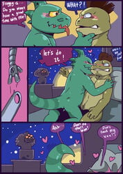 ! ... 2014 ? ?! alien anthro awesomenauts bed blush clenched_teeth closed_eyes comic dialogue duo english_text froggy.g green_scales heart hi_res leon_(awesomenauts) love male night nude pillow plant reptile scales scalie sex sky slugsdog smile star starry_sky teeth text tongue tongue_out video_games wide_eyed yaoi